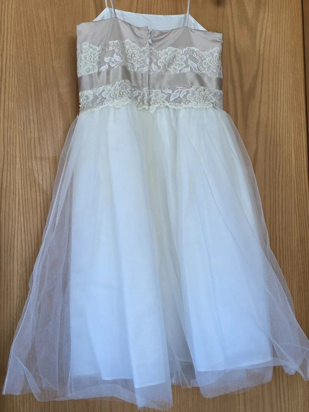 David's Bridal White and Champagne Lace Tulle Flower Girl Dress - Picture 2 of 3